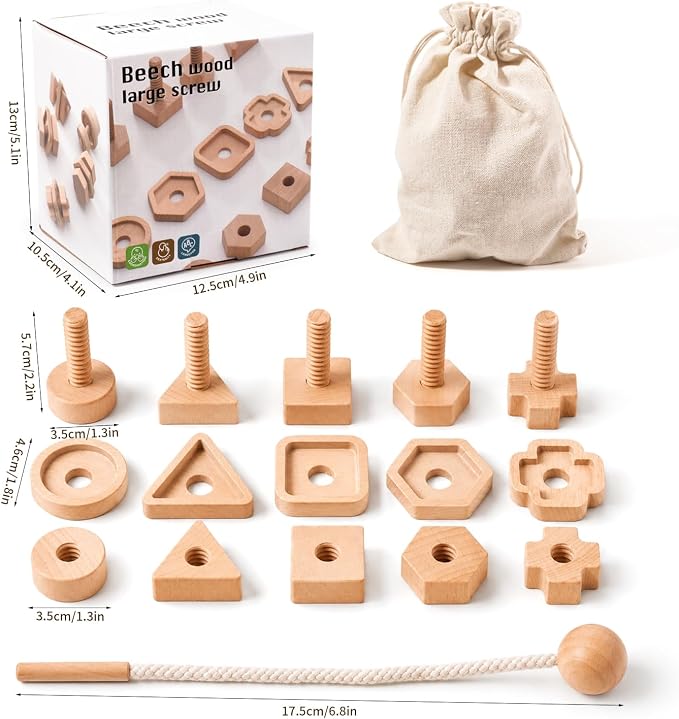 Wooden Screw and Nut Playset for Kids Ages 3,4,5，Montessori Shape Sorting Toy, Lacing Beads, Preschoolers Activities, Building Construction Screw Matching, for Boys Girls