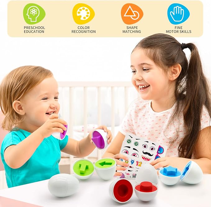 MOONTOY Matching Eggs for Toddlers 2-4, 12PCS Preschool Educational Learning Color & Shape Sorter Sensory Montessori Toy Toddler Easter Eggs Basket Stuffers Gift for 18M+ Year Old Kid Baby Boy Girl