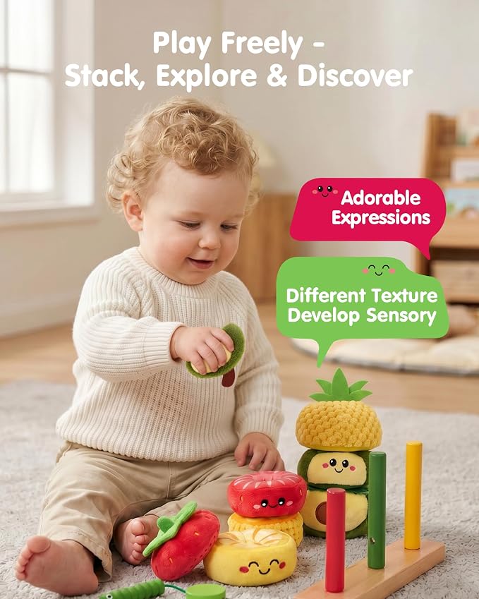 hahaland Montessori Toys for 1 Year Old Girl Boy, Stacking Rings Baby Toy | Soft Sorting & Stacking Toy Fruits with Wooden Stacker, Threading Set for Toddlers 1-3 Developmental 1st Birthday Girl Gifts