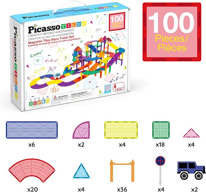 PicassoTiles 100 Piece Magnetic Tiles Race Track Toy Creative Building Set | Ages 3+, premium BPA-free materials, promotes hand eye coordination, sharpens fine motor control, boosts spatial logic skills