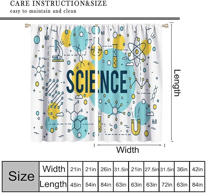 Science Window Curtains, Chemistry Chemical Science Pharmacy Research Room Darkening Door Window Rod Pocket Curtain for Girls Boys Kids Bedroom Study Room Classroom Set 2 Panels,84x84 Inches