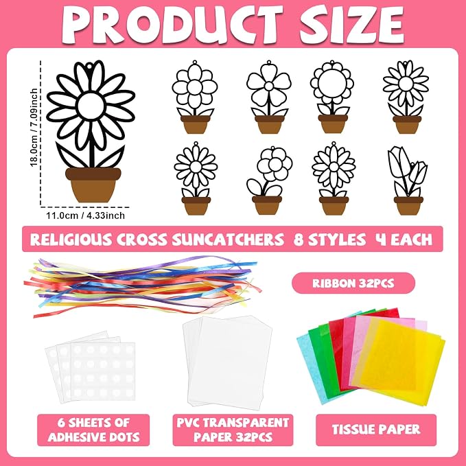 Lonfliness 32 Sets Flower Spring Suncatchers Crafts Kit DIY Flower Pot Window Stained Glass Effect Paper Floral Home School Classroom Decoration Art Craft Creative Activity Project Gift Favor