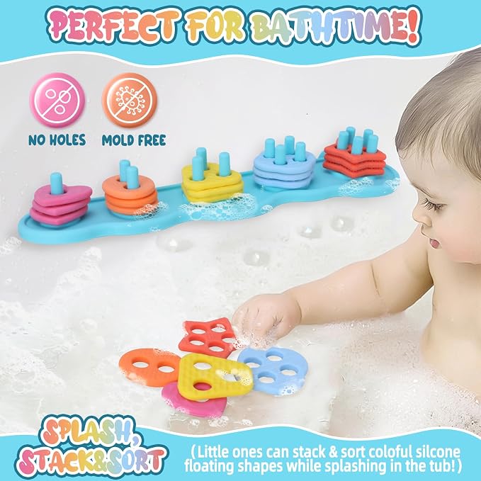 Baby Bath Toys, Mold Free Silcone Shape Sorting & Stacking Bath Toy Set | with 20 Textured Floating Puzzle Toys, No Hole Design, Soft Color & Shape Sorter for Toddler Early Learning Bathtub Fun