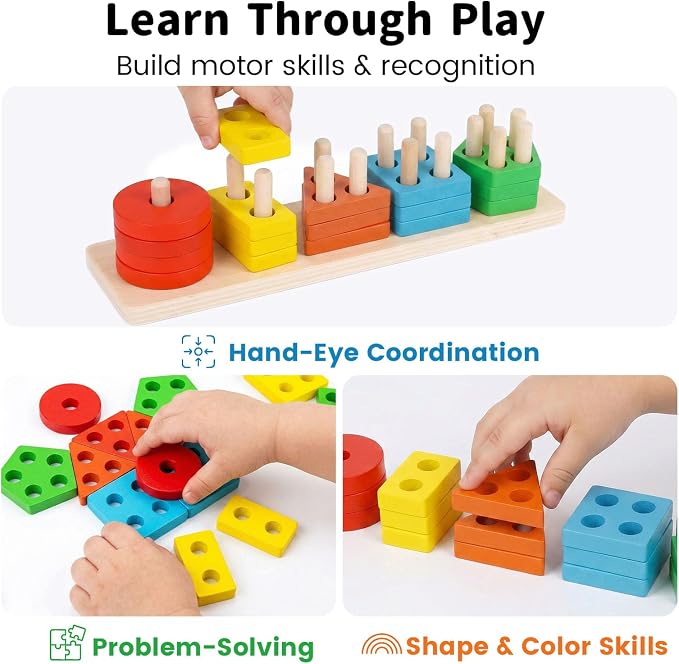 LovesTown Wooden Stacking Sorting Toy, 20PCS | Montessori Sensory Puzzle, Preschool Learning, Shape Recognition, Matching Game, Daycare Gifts