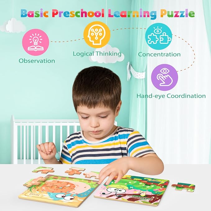 Zeoddler Wooden Puzzles for Toddlers, 8 Pack Insect Animal Jigsaw Puzzles for Kids3-5, 9 Pieces Preschool Learning Activities, Learning & Educational Toys, Gift for Boys, Girls