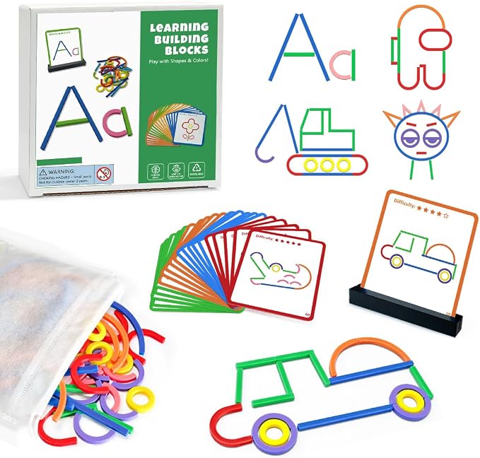 Pattern Blocks Puzzle STEM Toys for Creative Learning Sticks Shape Building Blocks Educational Resources Brain Teaser Montessori Toys (176PCS)