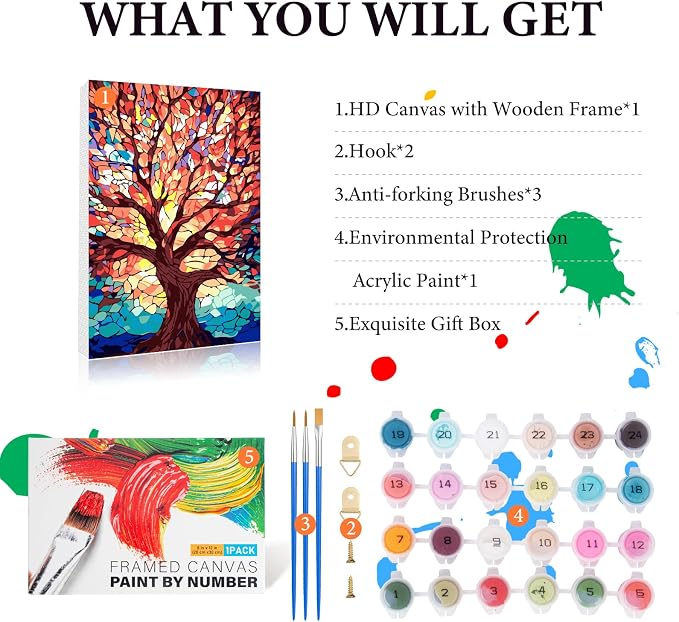 Fountor Framed Paint by Numbers Kit for Adults Beginner & Kids Ages 8-12, Tree of Life Paint by Number with Frame, Easy Acrylic Stained Glass Colorful Tree Painting by Numbers Kit on Canvas 8x12 inch