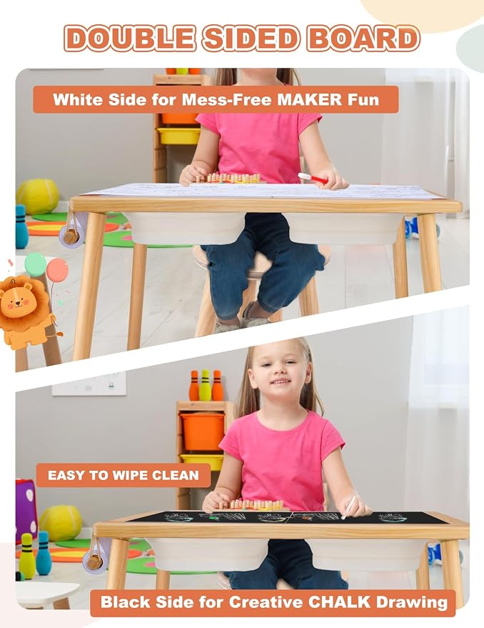 Toddler Sensory Table and Chair Set, Kids Sensory Bin Tables with Paper Roll Stick & Double-Side Board,Toddler Play Table with 3 Storage Bin, Indoor Outdoor Boys Gilrs