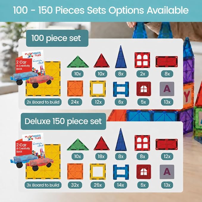 Playmags Magnetic Tiles for Kids 150-Piece Set, STEM Educational Building Blocks Toys for Kids, Includes Click-in ABC Learning Tiles, Gift for Boys & Girls, Add on Magnetic Figures, Car Set Available