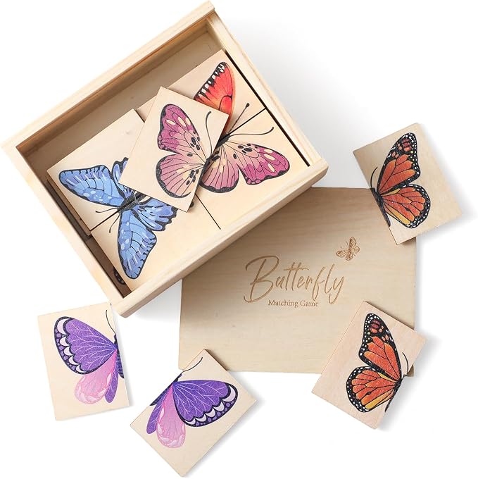 Wooden Butterfly Matching Puzzle Game for Ages 3+, 38 Pcs with Storage Box, Montessori Nature Memory Game for Visual Discrimination & Fine Motor Skills, Birthday