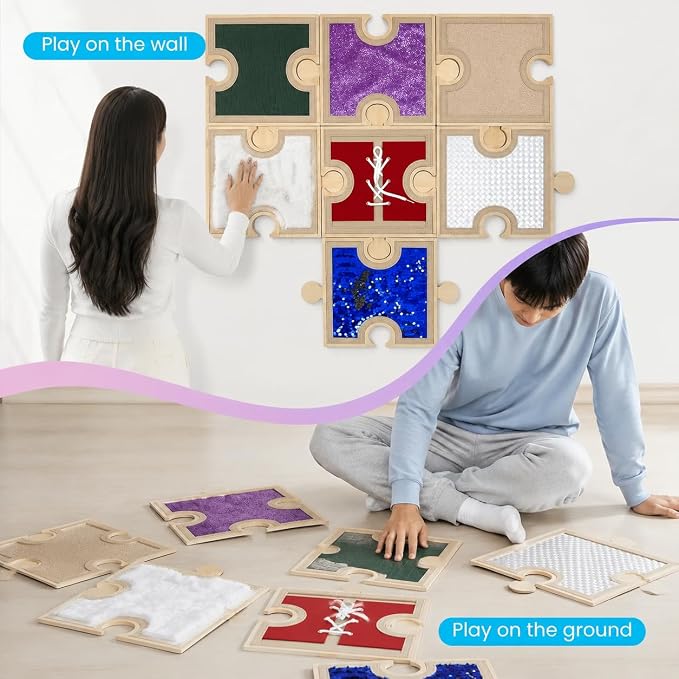 Sensory Wall Panel Set 7 Wooden Frames 13 Sensory Pads with Sequin Mat & Texture Film, Interchangeable Tactile Activity Boards for Kids, Fine Motor Skills Toys for Autism, Daycare, Special Education