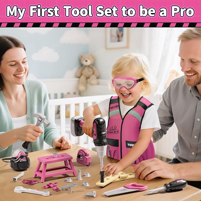 KidBloom Kids Tool Set, Toddler Tool Set with Box, Toys for 3 Year Old Girl | Construction Toys with Electric Toy Drill, Toy Tools with Vest, Pretend Play Tools for Kids, Birthday Gifts for 3 4 5 6 7 8 9