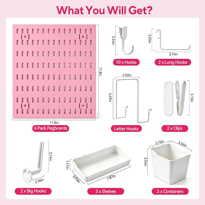 Pink Peg Board, 24"x36" Pegboard Wall Organizer, Includes 6PCS Pink Peg Boards and Accessories, Plastic Peg Board Panels for Craft Room, Office, Kitchen, Gaming Room