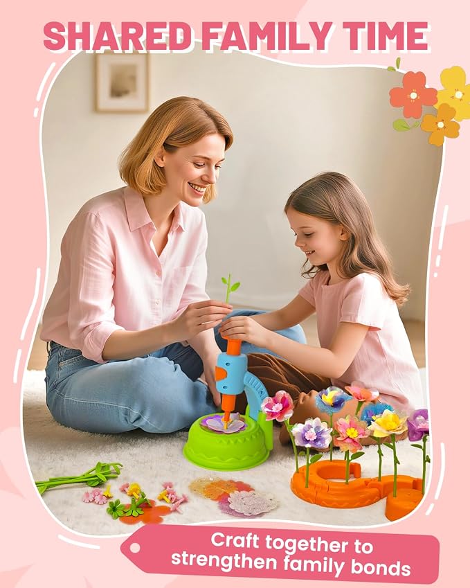 Glowsprout DIY Flower Bouquet Maker Kit with Fabric Petals for Girls, Green | Easy-press flower maker with colorful fabric petals and stems for bouquets, baskets and creative gifts for girls ages 3-12