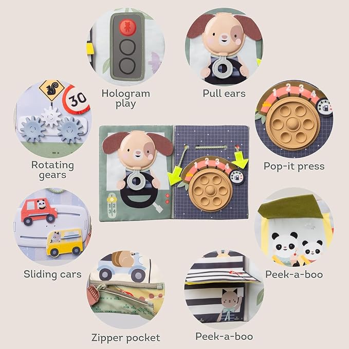 Taf Toys Car seat Toys Busy Book for Toddlers 1-3, Montessori Quiet Activity Books Travel Toy with 15 Activities - Montessori Toys Busy Board for baby - Boy Toys Girl Birthday Gift Travel activity car