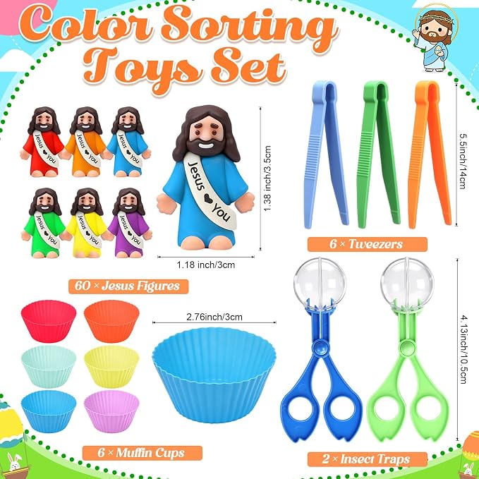 74 Pcs Counting Sorting Toys Fine Motor Skills Handy Scooper Set Sensory Bin Fillers Includes 60 Little Jesus Figures 6 Tweezers 2 Scissors Clips and 6 Colorful Cups for Early Education
