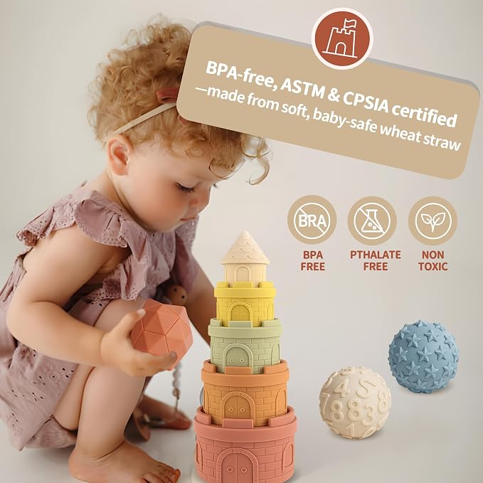 Baby Stacking Cups & Sensory Ball Set, Sensory Toys for Babies | 5 Colored Castle Cups, 3 Textured Balls, Soft Castle Nesting Blocks, Teether, Bath & Travel Play, Gifts for Toddlers 1-3