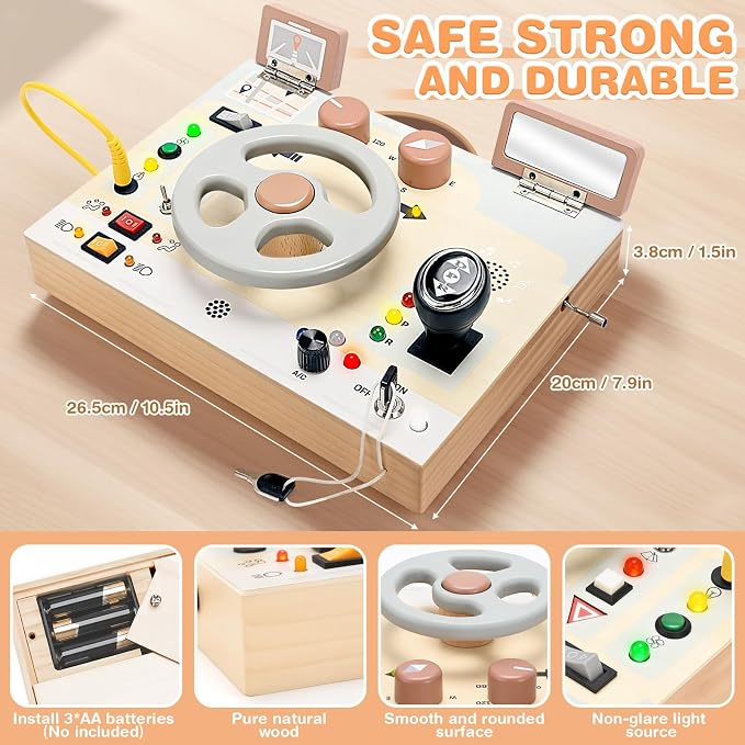 Joyreal Montessori Toddler Busy Board - Montessori Toys for 1 2 3 Years Old | Wooden Sensory Board with LED Lights, Steering Wheel, Music Player, Travel Toys for 1+ Year Old Boy & Girl Birthday Gift