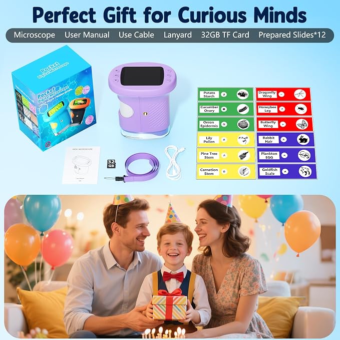 Odatay 2.4" 4K 1000X Digital Kids Microscope with 32G Card 12 Slides Purple | Long Distance Viewing, Portable Handheld Edu Gift Toys for Age 3-12, Exploring Bugs Plants at Home Classroom & Outdoor Travel