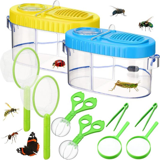 Halloscume 2 Sets Bug Catcher Kit Outdoor Toy Gift for Kids Outdoor Explorer Kit Kids Bug Catching Kit Insect Bug Habitat with Magnifying Glass, Tweezers, Bug Catcher and Net for Science Exploration