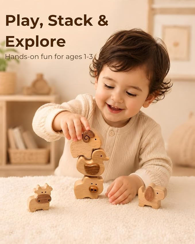 5-Piece Wooden Farm Animal Blocks for Toddlers 1-3 | Solid Beech & Sapele, Montessori Stacking Toys, 2cm Thick Choke-Safe, Birthday Gifts