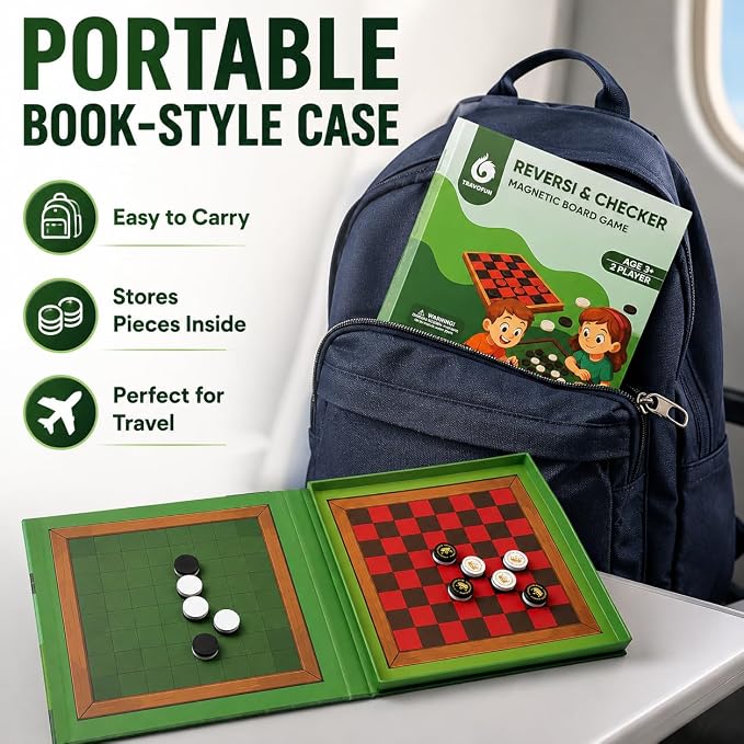 TRAVOFUN Magnetic Reversi and Checkers | Travel Games for Kids 8-12 | 2-in-1 travel reversi game and checkers board keeps magnetic pieces secure for car rides, flights, and strategy play.