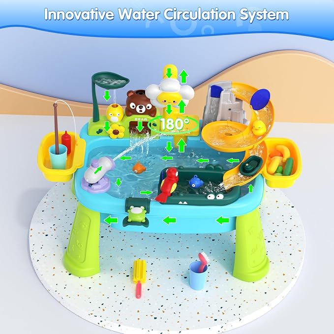 Water Table for Toddlers 1-3, Outdoor Toys for Kids Ages 4-8 with Pump, Kitchen Play Sink with Running Water, Fishing Toys Playset, Summer Outside Sand Water Sensory Activity Pool Toys Gifts, Blue