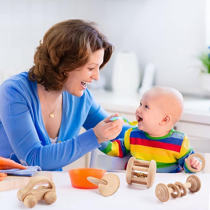 Zhanmai 5 Pcs Wooden Baby Toys Montessori Toys for 0-6-12 Months Sensory Baby Rattles with Bells Push Car Wooden Newborn Boys and Girls Gifts for Toddlers 1-3 Years Infant Grasping Sensory Development