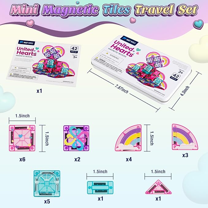 42PCS Mini Magnetic Tiles Toddler Travel Toys for Girls 3-5 Year Old Gifts | Heart & Rainbow Theme, Portable Metal Case, Kids Travel Essentials for Airplane, Car & Road Trip, STEM Preschool Learning Toy