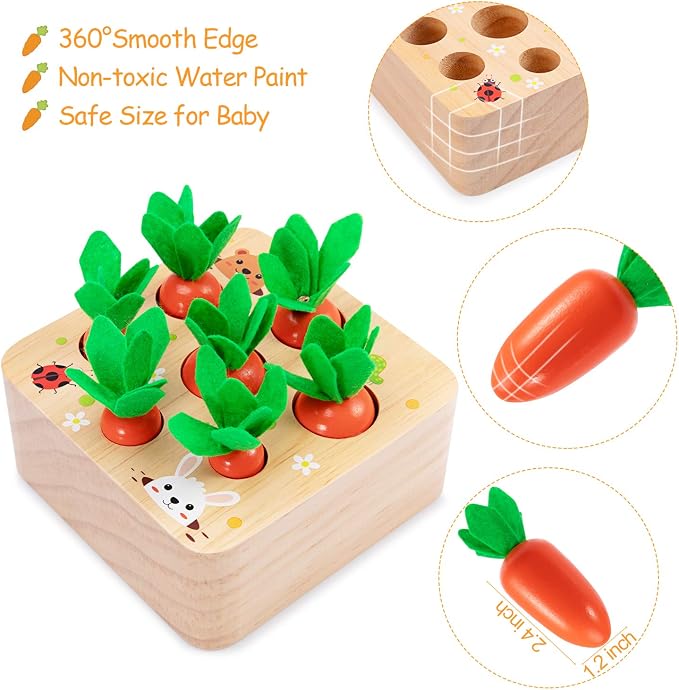 Montessori Toys Baby Easter Toys for Toddlers 1-3 Years Old, Educational Wooden Carrot Toys Shape Size Sorting Matching Puzzle, Great Baby Easter Gifts Birthday Gift Toy