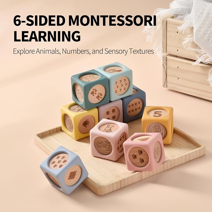 Little Rawr 9 Pcs Baby Silicone & Wooden Stacking Blocks, Food-Grade Silicone Baby Toy with Natural Wood Inserts, Soft Chewable Montessori Blocks for Toddlers, Animal Learning Toy