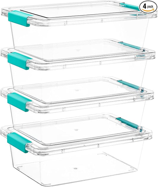Vtopmart 4 Pack 3 Qt Clear Storage Bins with Lids for Building Blocks，Craft | Stackable Plastic Organizer Box for Home, Classroom, Office, Craft Room, Small Containers for Art Supplies, Stationery