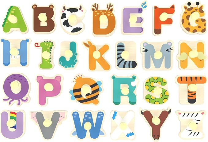 Wooden Peg Puzzle for Toddlers, Alphabet Learning Toys, Baby Puzzles Alphabet Board for Kids, Preschool Knob Puzzle for Boys Girls, Chunky ABC Shape Puzzles for 2 3 4 Year Old