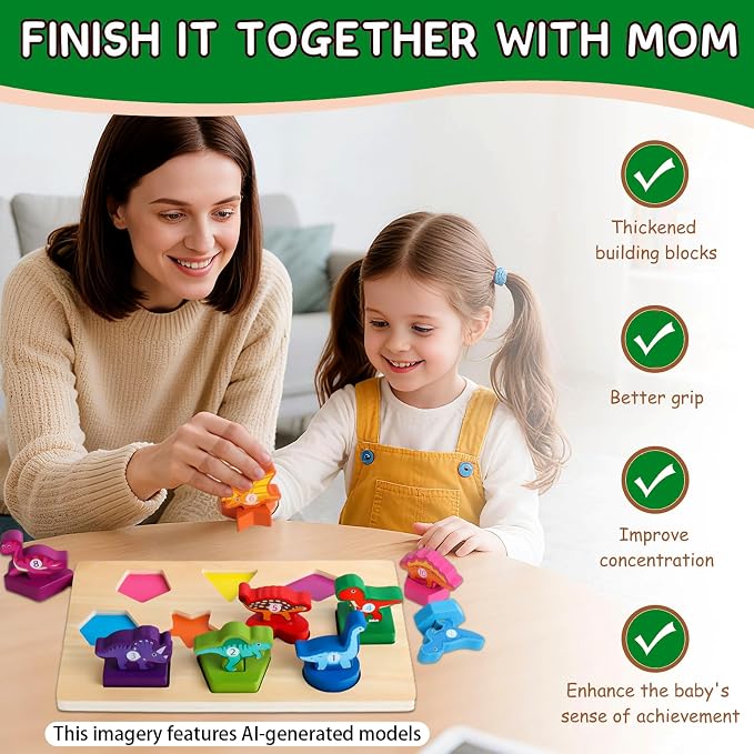 Scuwtocn Dinosaur Shape Puzzle Wooden Montessori Toys for 2 Years Old | Educational Learning Toy for Toddlers 1-3 Years, Color Recognition Wooden Blocks with Numbers