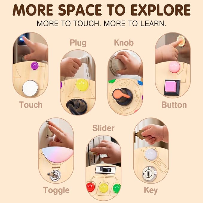 RichBoy Busy Boards, Lights Switch-Style, Wooden, 59-in-1, Large | Toddlers Birthday Gifts, Montessori Toys, Autism Sensory, Fine Motor Skills, Educational Learning, Travel Essentials