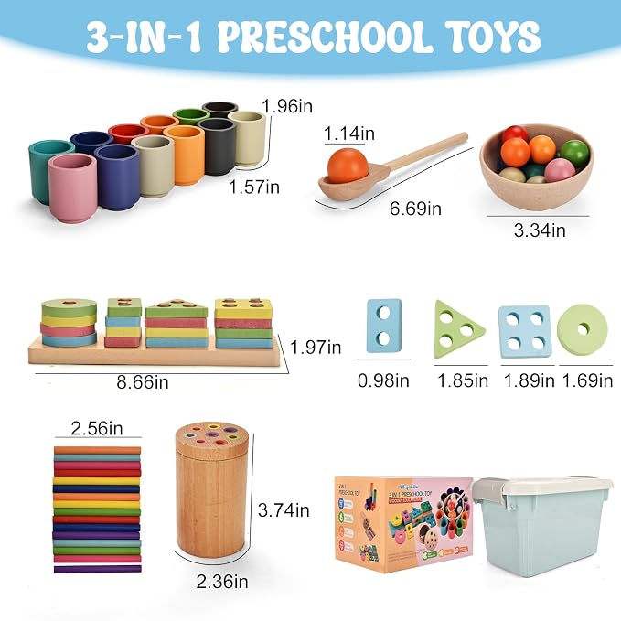 Montessori Toys 3 in 1 Wooden Learning Fine Motor Skills Toys Rainbow Color Sorting Toy for Toddlers - Preschool Color Matching, Educational Color Recognition ShapeSorter Boys Girls Gifts