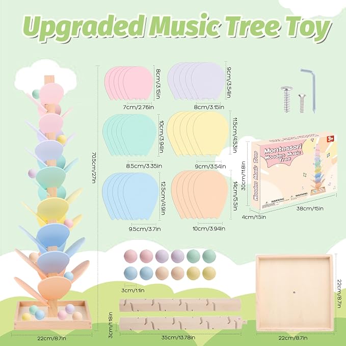 Marble Run Wooden Ball Drop Toys Toddlers 3-5 (Height: 27.8in) (1.1" Balls) | Wood Music Tree for 4-8 Toddlers Musical Game Montessori Toys Learning Color Sorting Sensory Toys for Boys Girls 8-12 Gift