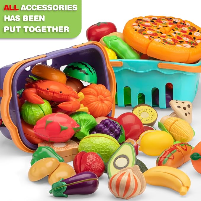 115 Pcs Cutting Play Food Toy for Kids with 2 Colors Storage Baskets | Fake Food/Fruit/Vegetable for Toddler Pretend Kitchen Accessories, Boy Girl Classroom Learning/Birthday Gift