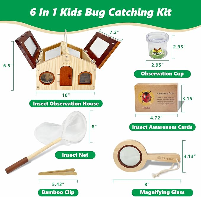 SimpliPlay Kids Explorer Kit & Bug Catcher for Kids, Outdoor Toys | Portable Wooden Bug Habitat, Butterfly Net, Magnifier, Observation Cup, 15 Insect Cards for Toddler 3-8 Year Old Boy Gift