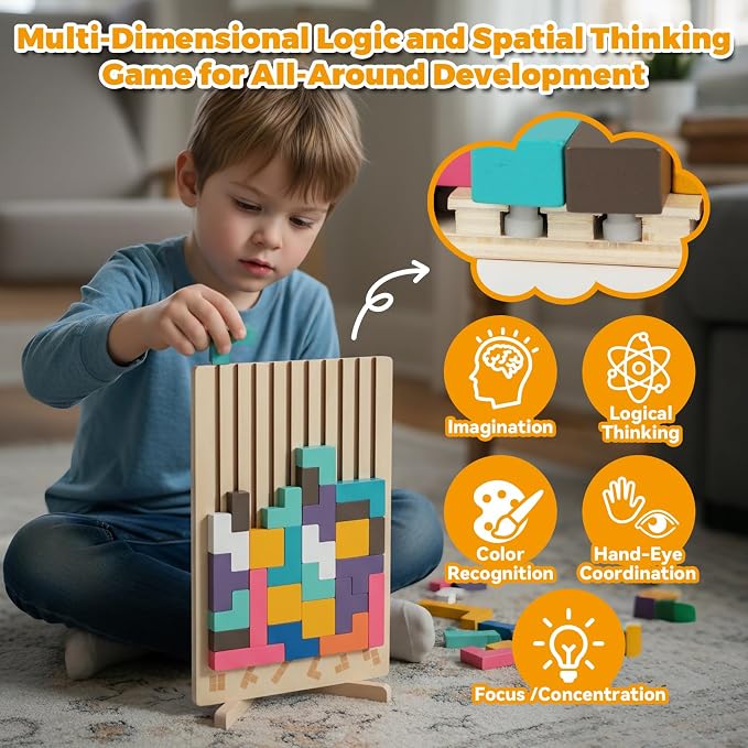 Montessori Wooden Puzzle Toy for Toddlers, 3D Wooden Russian Block Stacking Board, Brain Teaser Montessori Toys for 3-6 Year Old Boys & Girls, Educational Wooden Toys for Preschool Learning