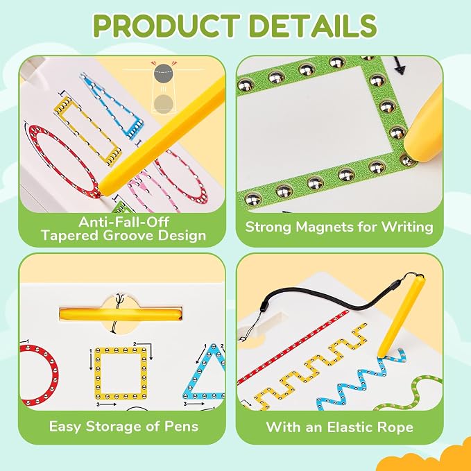 GAMENOTE Magnetic Shapes Lines Tracing Board Double Sided, Pencil Control | 2 in 1 pencil control practice toy, road trip car activity, preschool classroom learning, toy for kids ages 3-5