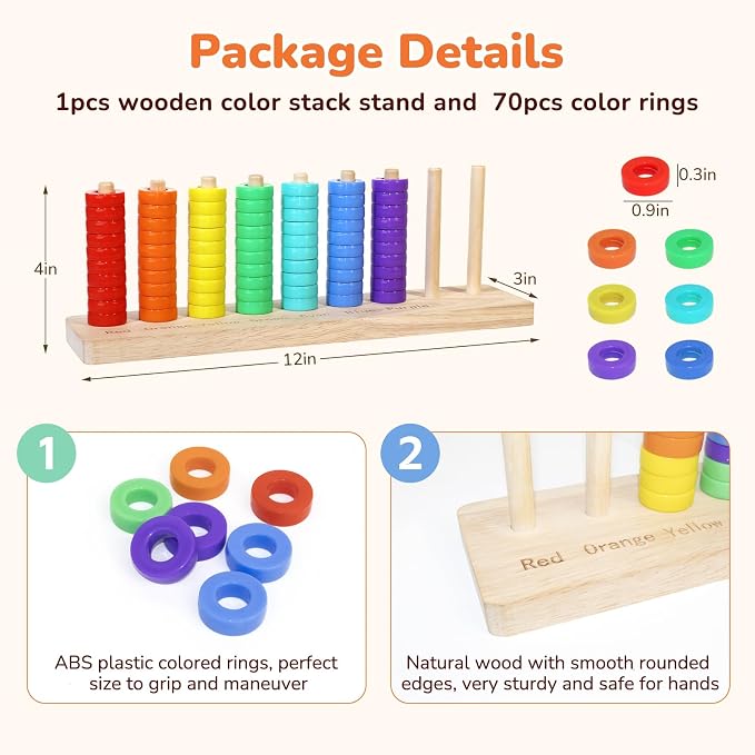 Color Sorting Stacking Game Toys, 7 Colors Ring Stack Challenge Puzzle Game, Wooden Rings Color Matching & Stacking Toys for Kids, Competitive Tabletop Game for Family Night, Gifts for Boys and Girls