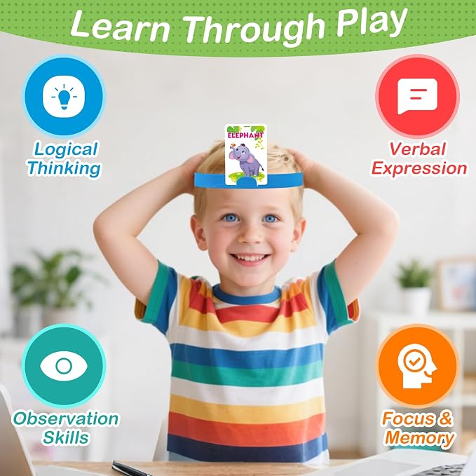 Headbands Game for Kids – Guessing Board Game to Boost Vocabulary | Critical Thinking, and Social Skills – Quick Question Family Game Night for 2–4 Players – Travel-Friendly Fun (Animal Theme)