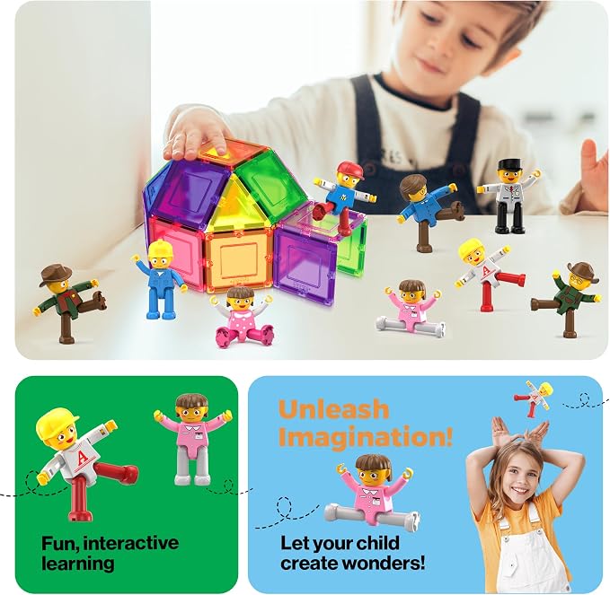 PicassoTiles Magnetic Character Figures Set, Toddler Style STEM People Toy | 16 pcs, creative pretend roleplay, open ended construction, interactive building block accessories, safe non toxic, ages 3+