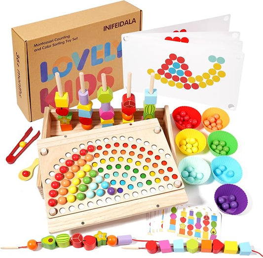 INIFEIDALA Montessori Toys for 3 4 5 Year Old,Gifts for Toddlers | Stacking Blocks, Lacing Beads & Shape Stacker, Wooden Beads Sequencing Toy Set, Fine Motor Skills & STEM Preschool Learning