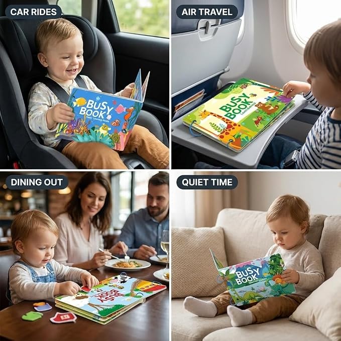 Montessori Busy Book for Toddlers 3+ – 4 Laminated Preschool Activity Books with Velcro Pieces, Dinosaur Farm Ocean Animal Themes, Screen-Free Travel Quiet Book Set