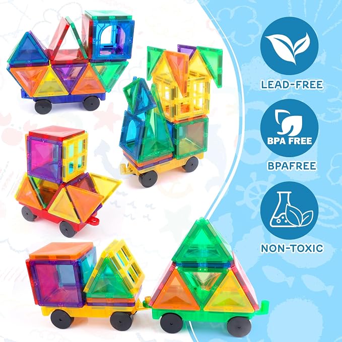 Mruikeny Magnetic Tiles Cars Construction Set - 4 PCS Magnetic Tiles Magnet Bricks Truck Sensory Toys, Educational Magnet Cars Set Building Blocks for 3 4 5 6 7 8+ Year Old Girls Boys