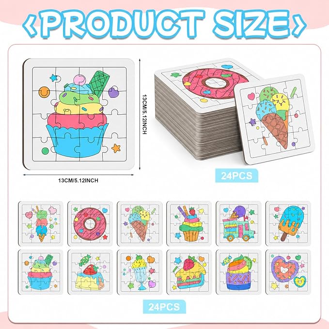 Cinrobiye 24 Pcs Ice Cream Coloring Puzzle Craft Kit for Kids, DIY Candy Donut Jigsaw Puzzles Bulk with 12 Designs, Sweet Treat Arts and Crafts for Birthday Party Favors, Classroom Rewards