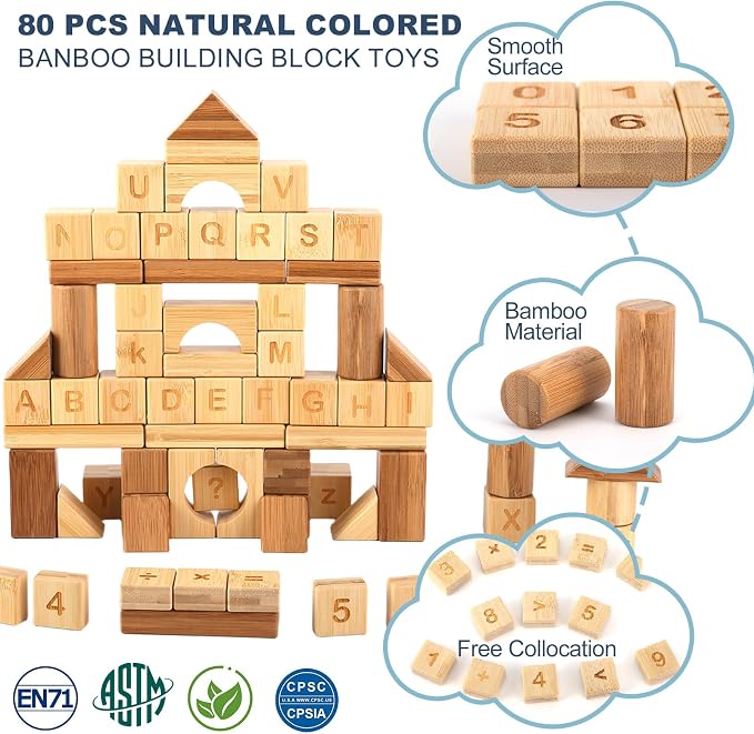 80-Piece Wooden Alphabet Building Blocks Set - Creative ABC Letters, Numbers & Shapes Blocks for Building Castles, Rockets, Robots | Educational Stacking Toys with Math Symbols for Kids Ages