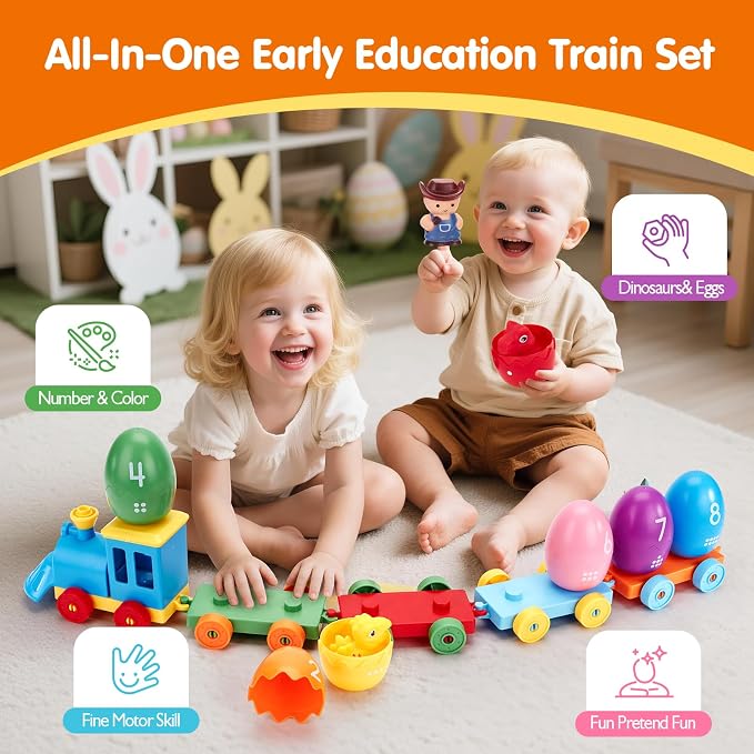 hahaland Montessori Dinosaur Train Set, Learning Toy for Toddlers Ages 2-3 | 22-piece set with 8 dinosaurs, 8 numbered sorting eggs, a buildable train, 2 dinosaur stickers and an adventurer figure.